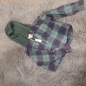 Womens cropped American Eagle flannel Hoodie, Green/Navy plaid, medium